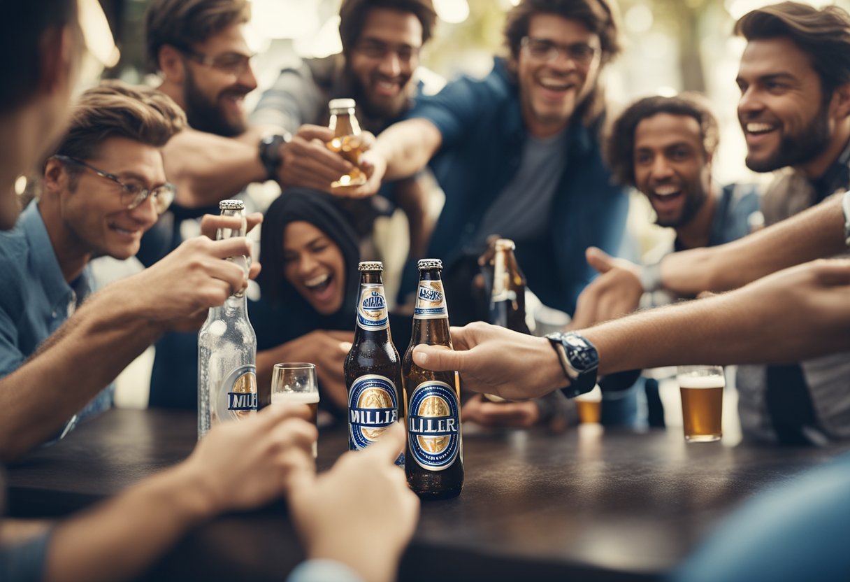 A group of people debating and pointing at a Miller Lite beer bottle, with conflicting opinions and expressions on their faces