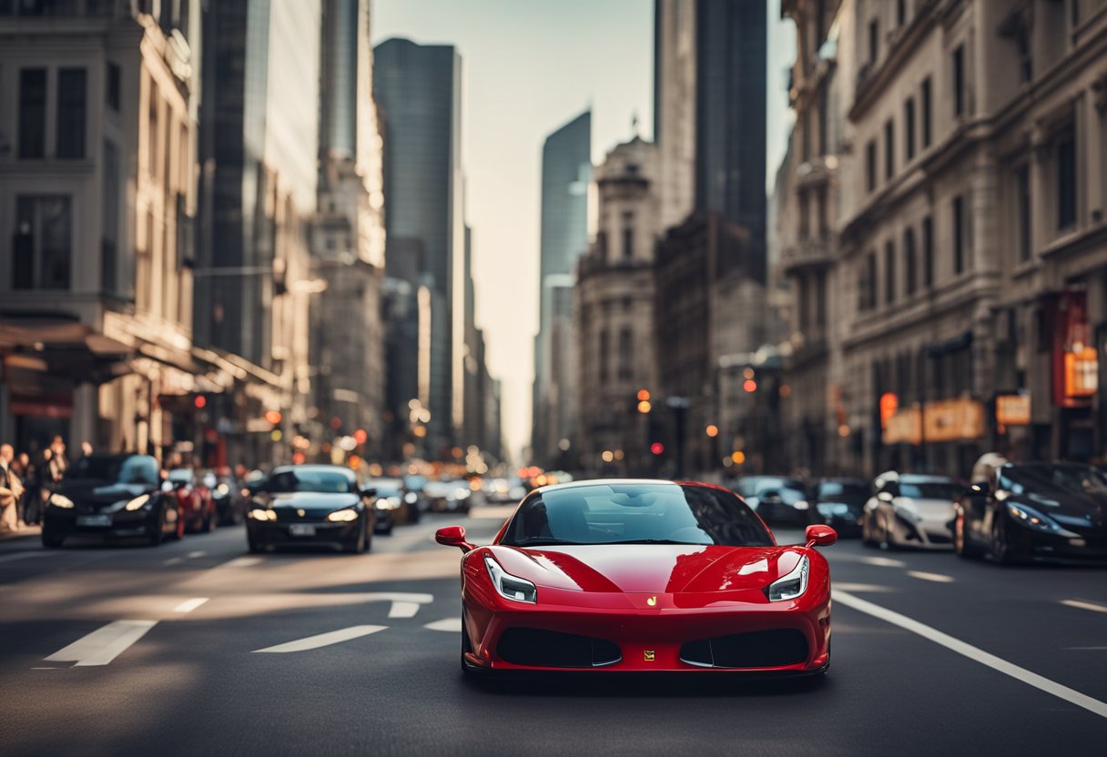 A red Ferrari speeding through a bustling city, drawing admiring glances from onlookers and leaving a trail of excitement and envy in its wake