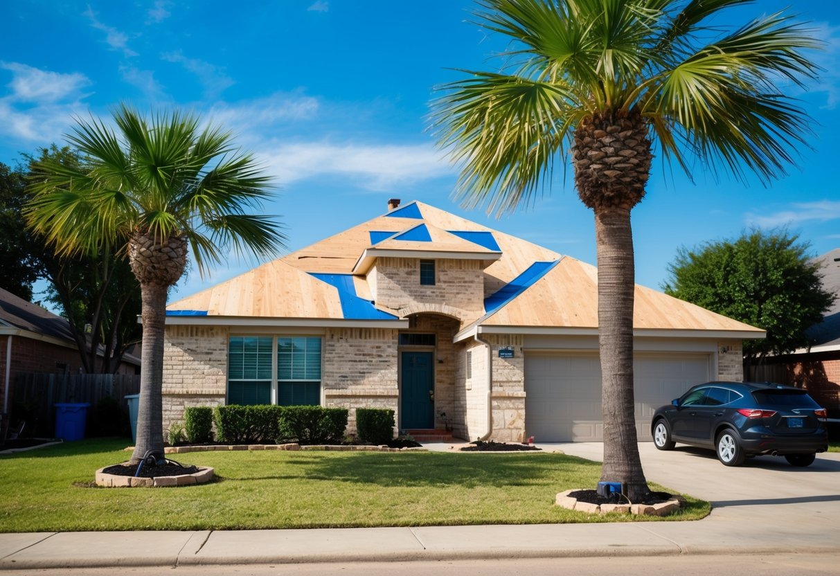 A sunny Texas neighborhood with a house undergoing a roof replacement, surrounded by palm trees and a clear blue sky