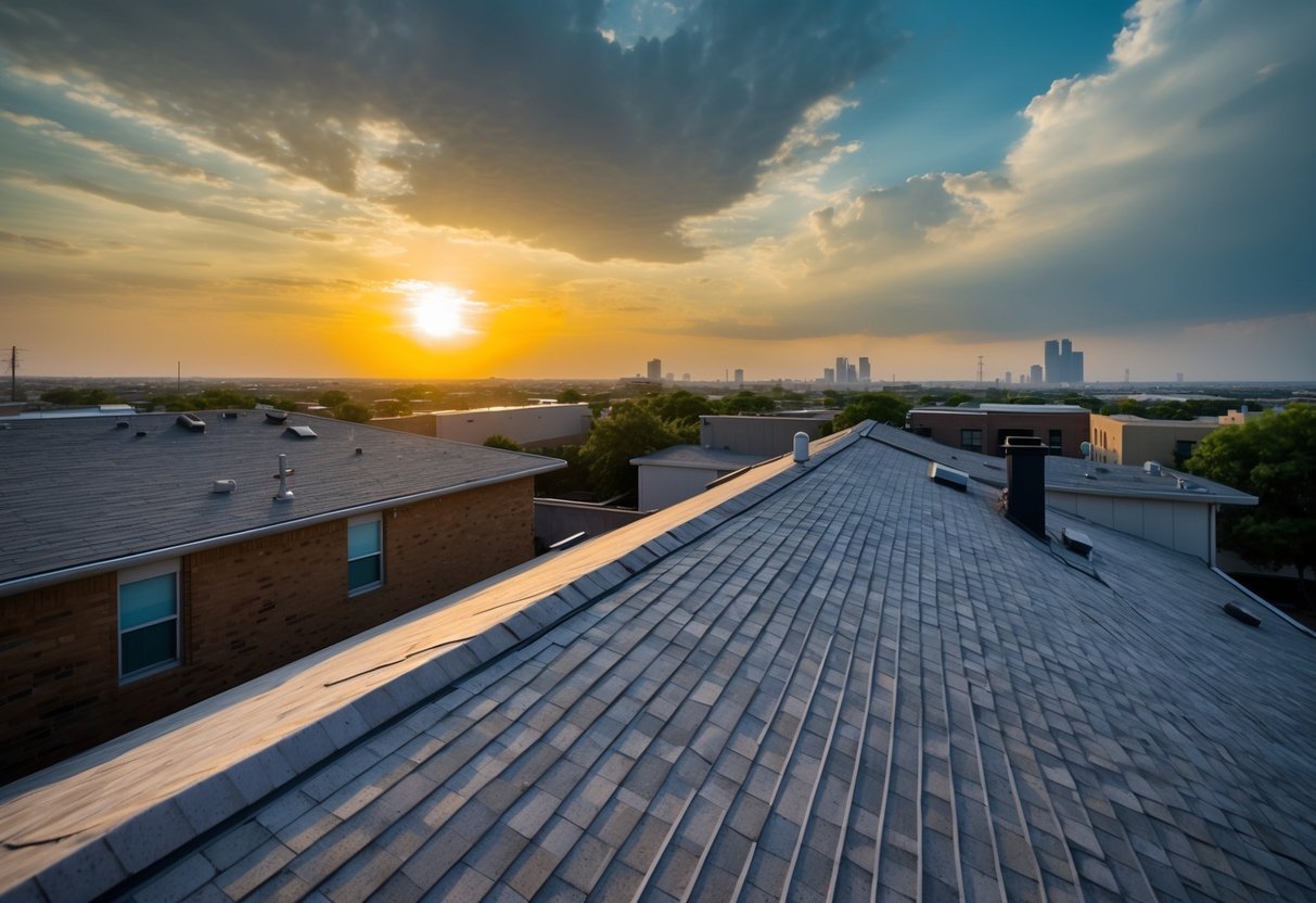 A rooftop under the hot Texas sun, surrounded by strong winds and occasional hailstorms