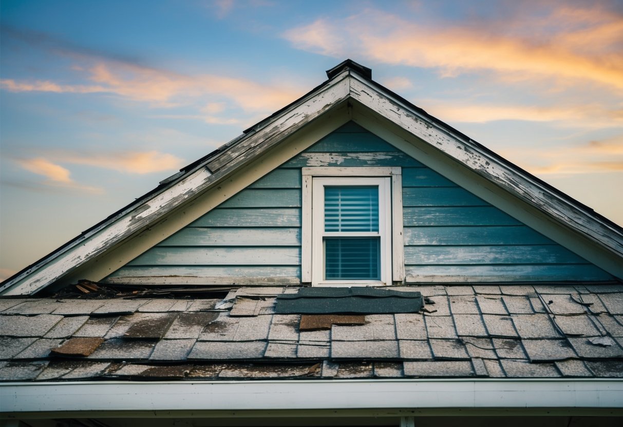 A house in Texas with a worn and damaged roof, showing signs of aging and weathering