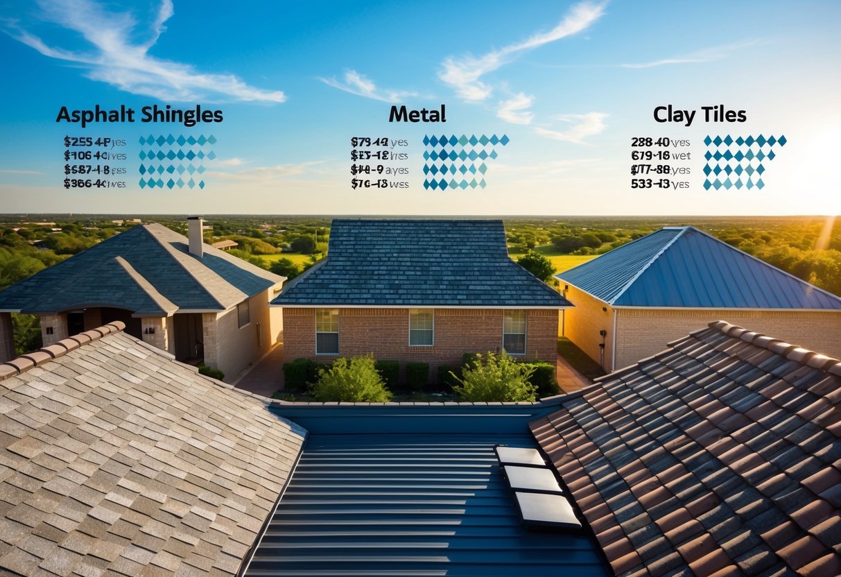 A sunny Texas landscape with various types of roofs - asphalt shingles, metal, and clay tiles - displaying their average lifespans