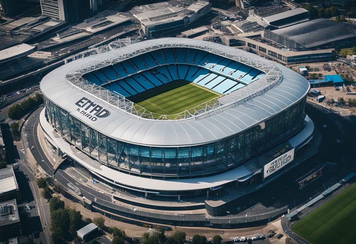 Aerial view of Etihad Stadium with Manchester City logo prominent on the exterior