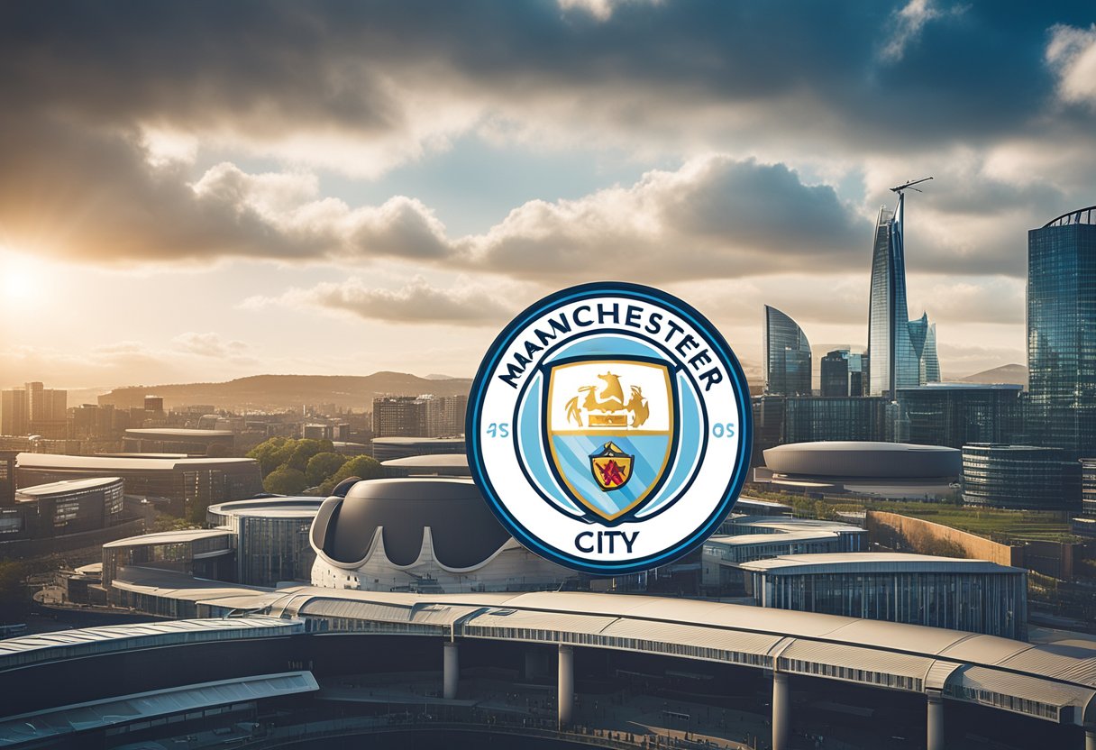 A skyline featuring the Etihad Stadium and the Manchester City Football Club logo