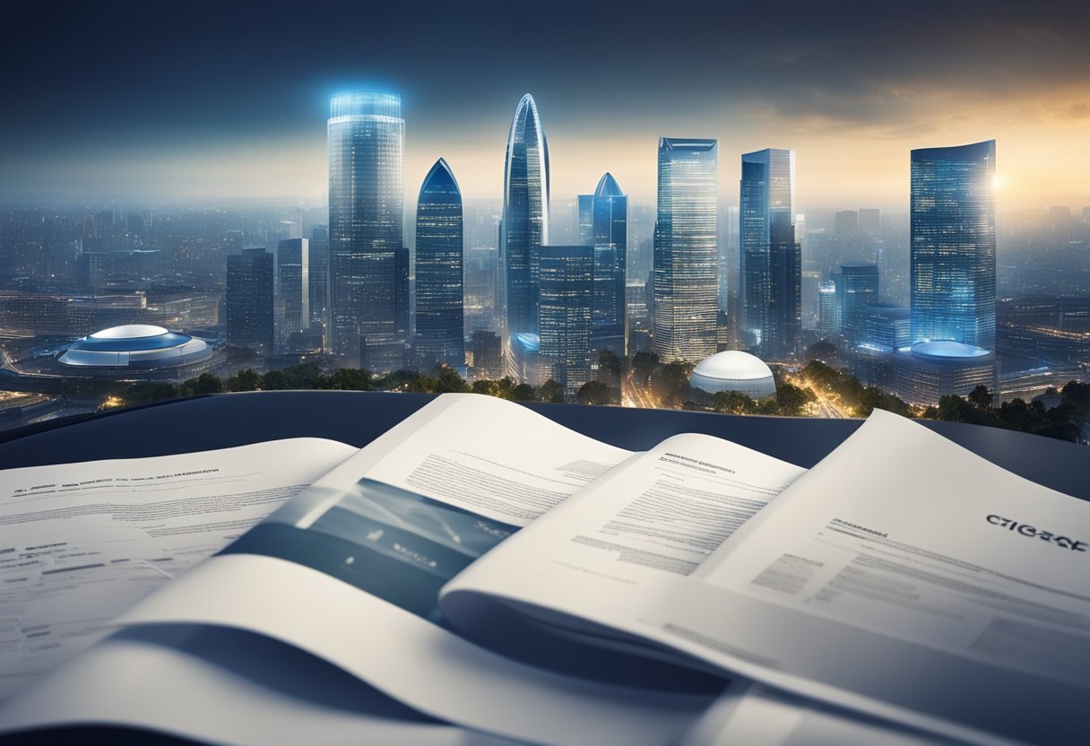 A large, modern city skyline with a prominent soccer stadium, surrounded by layers of transparent legal documents and regulations