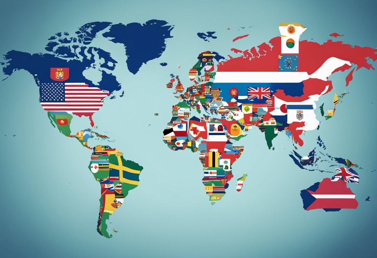 A global map with Manchester City's logo at the center, surrounded by flags of various countries, symbolizing international partnership and influence