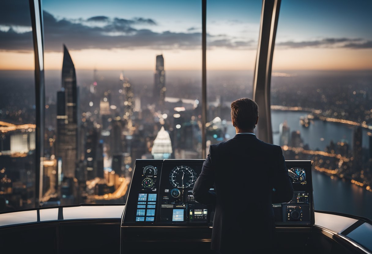 A figure standing at the helm, gazing out at a city skyline with a clear vision for the future
