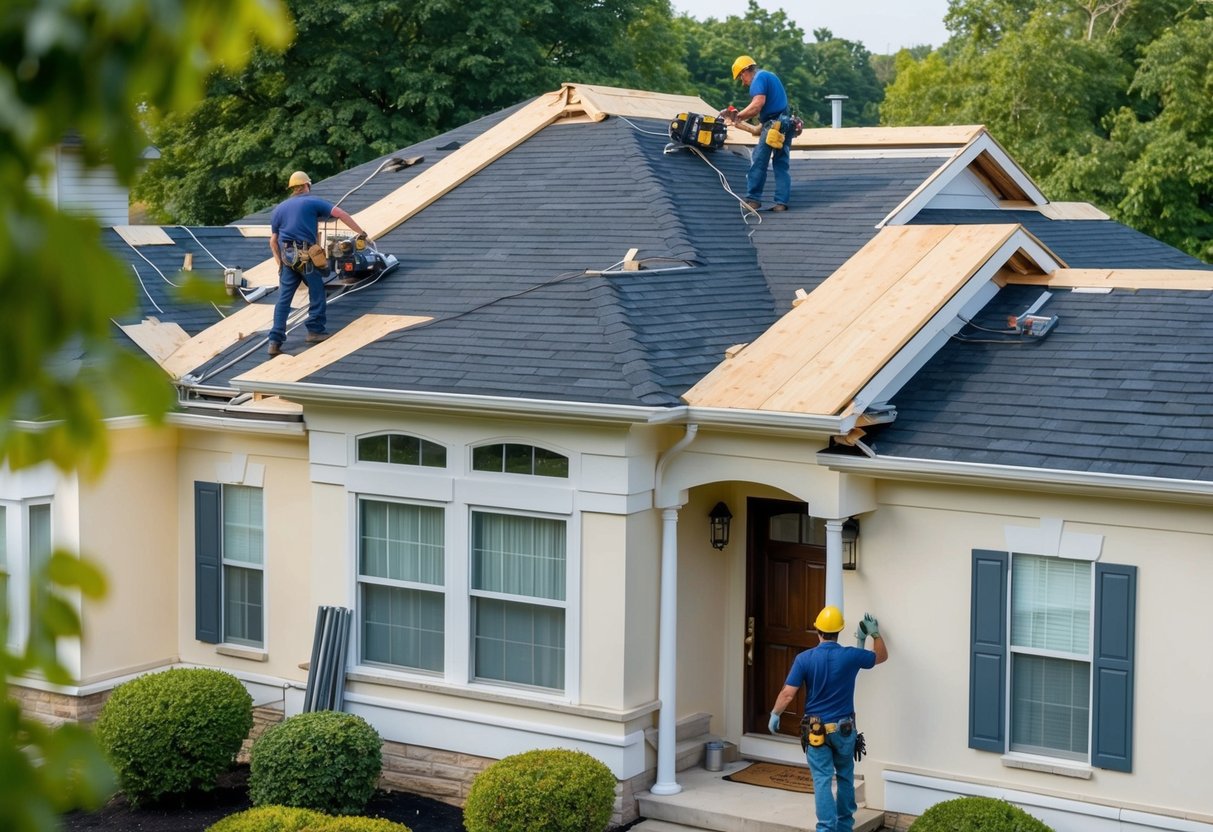 A house in Columbus, Ohio with a new roof being installed by workers