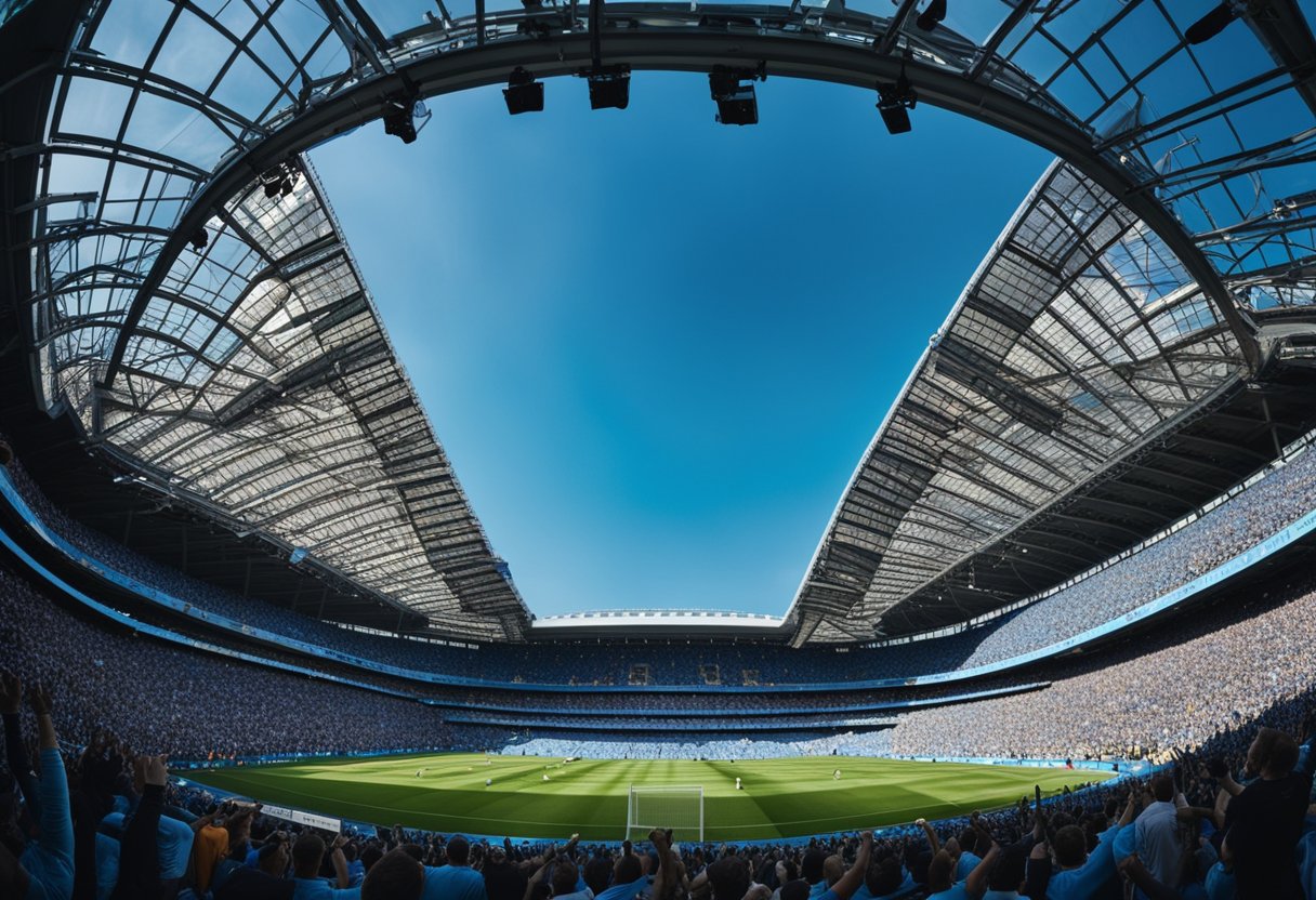 A bustling stadium filled with cheering fans, banners, and team colors, as the Manchester City football club makes a positive impact on the local community
