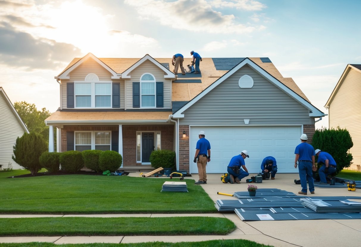 A suburban house in Columbus, Ohio with a sloped roof being replaced by a team of workers with shingles and tools scattered around