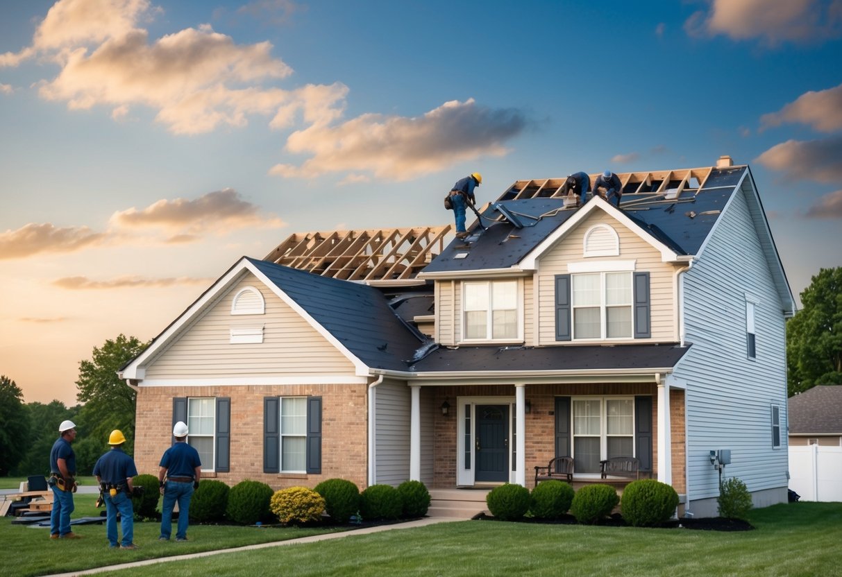 A house in Columbus, Ohio with a damaged roof being replaced by a team of roofing contractors