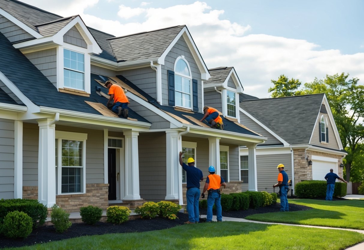 A crew of workers installing shingles on a suburban house in Columbus, Ohio