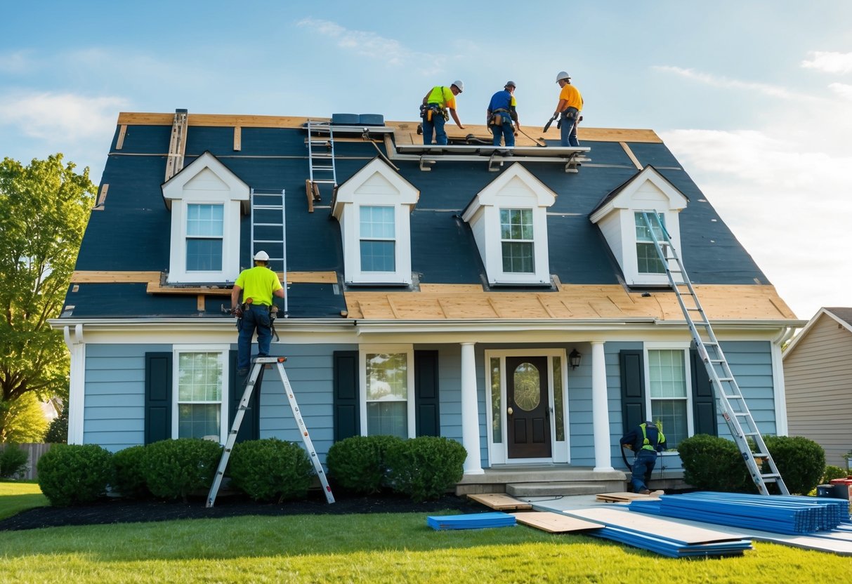 A house in Columbus, Ohio with a worn-out roof being replaced by workers using ladders, tools, and new roofing materials