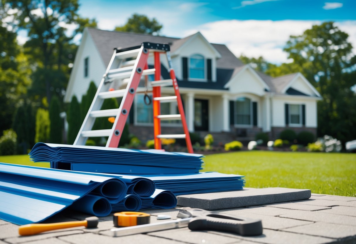 A house with a ladder, tools, and new roofing materials laid out