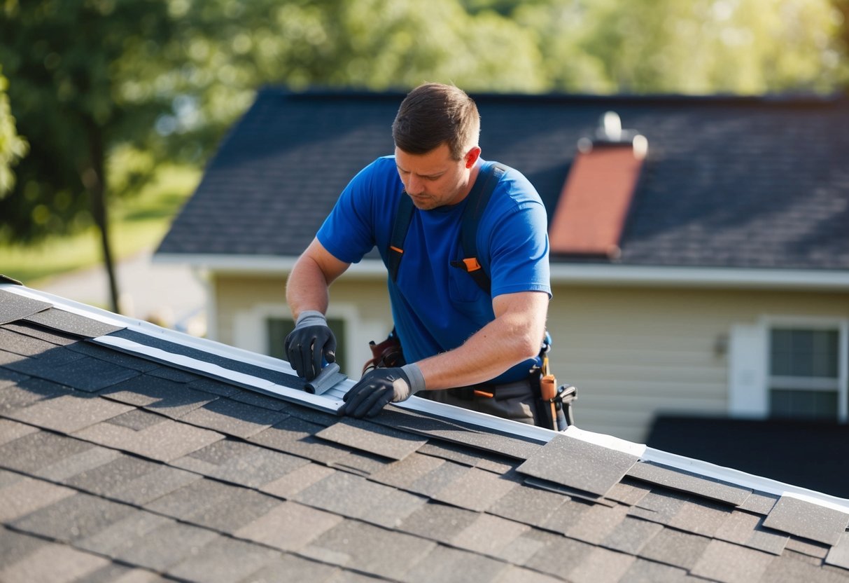 A worker installing new shingles on a house's roof