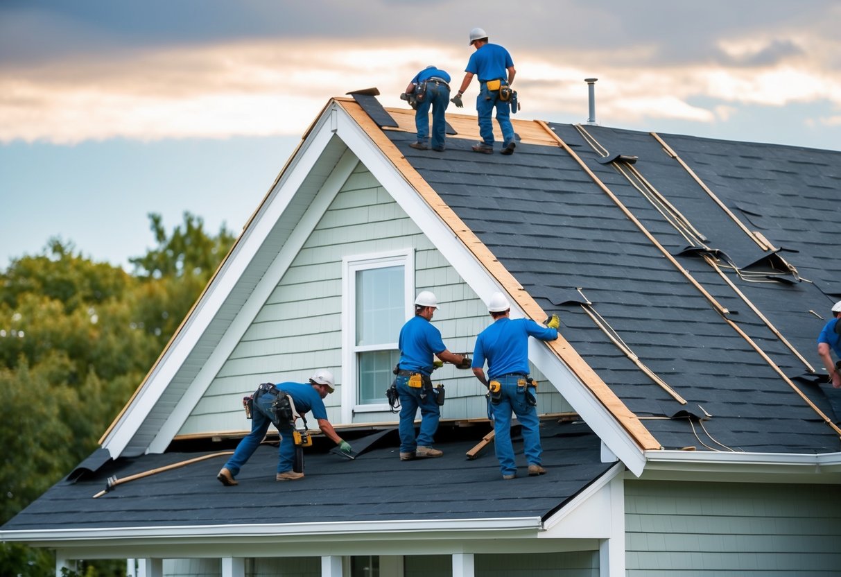 A small, one-story house with a gabled roof being replaced with basic asphalt shingles. A crew of workers is removing the old shingles and installing the new ones
