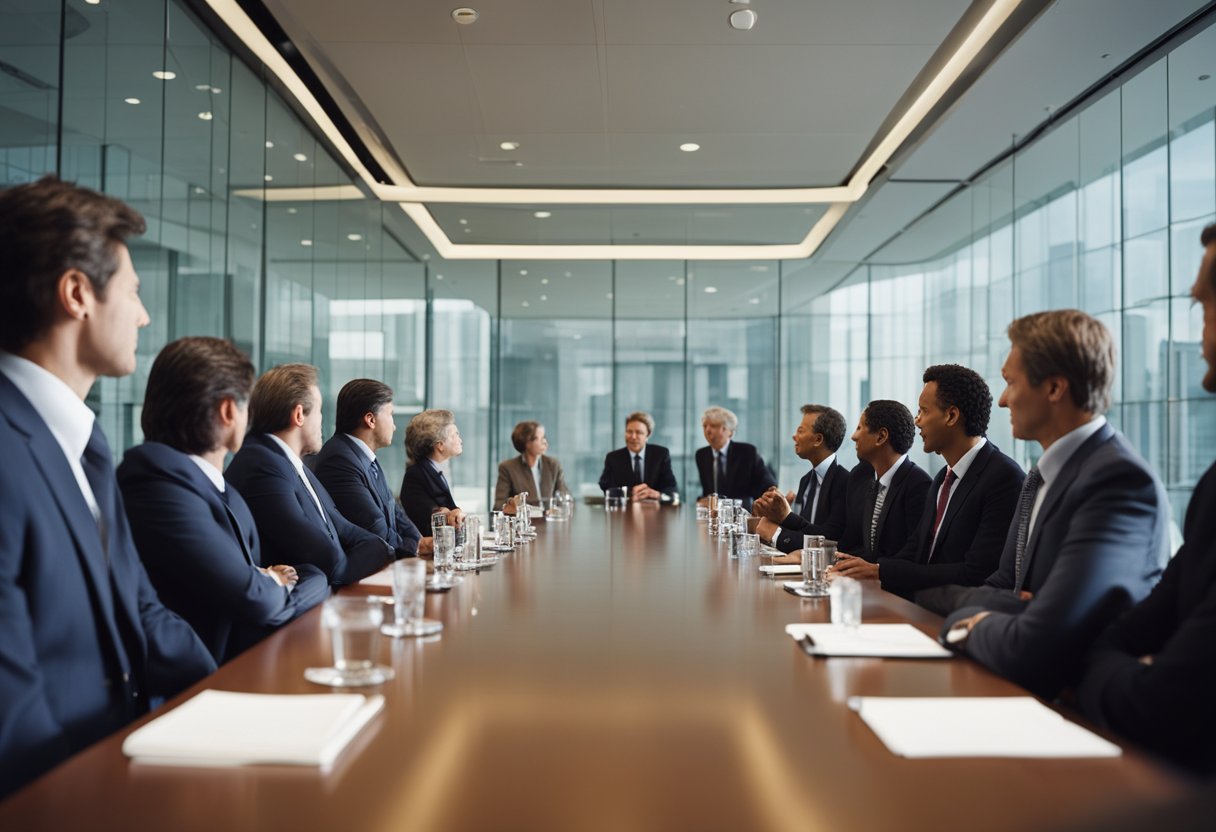 A boardroom meeting with executives discussing Coca-Cola ownership and corporate governance