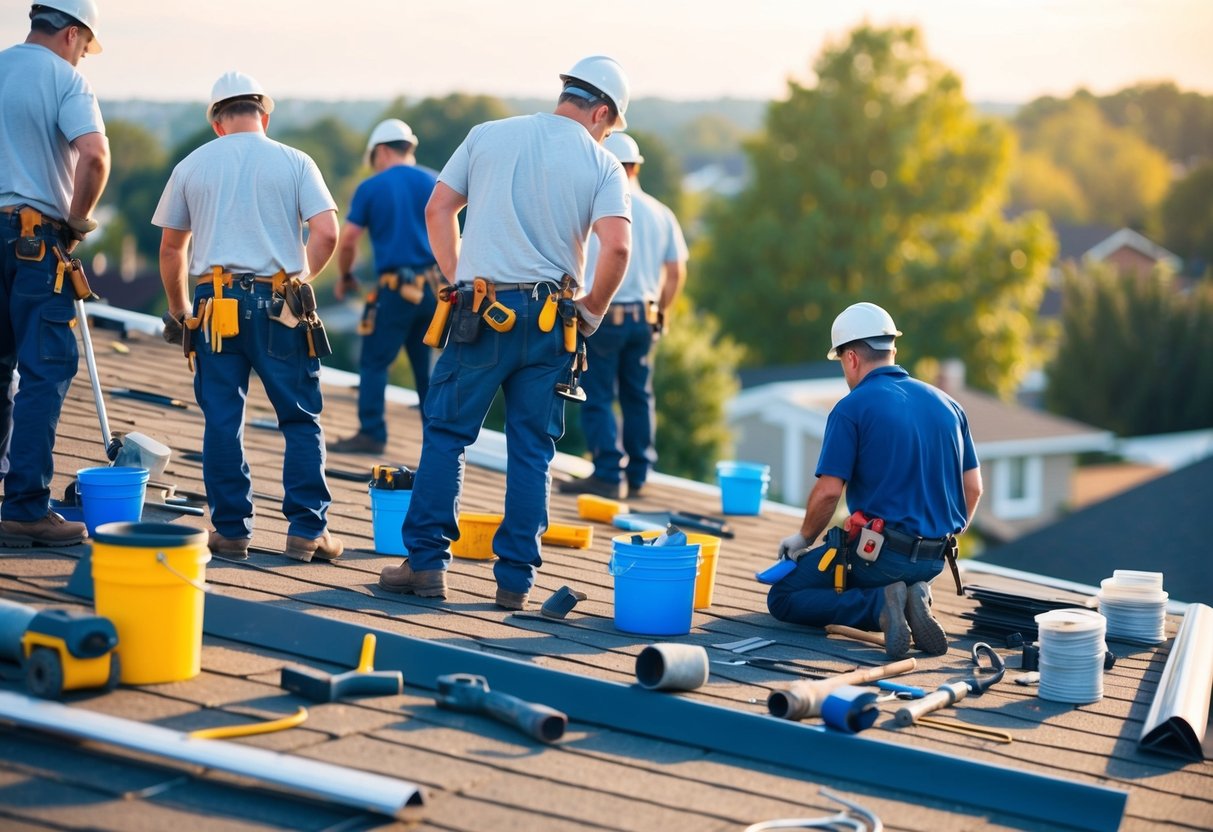 A group of roofing contractors working on replacing a roof with various tools and materials scattered around the site