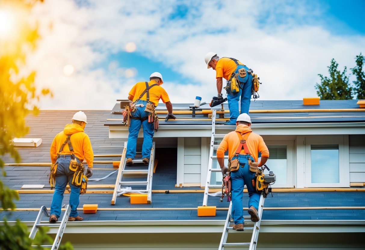 A group of workers installing new roofing materials on a house, using ladders, tools, and safety equipment