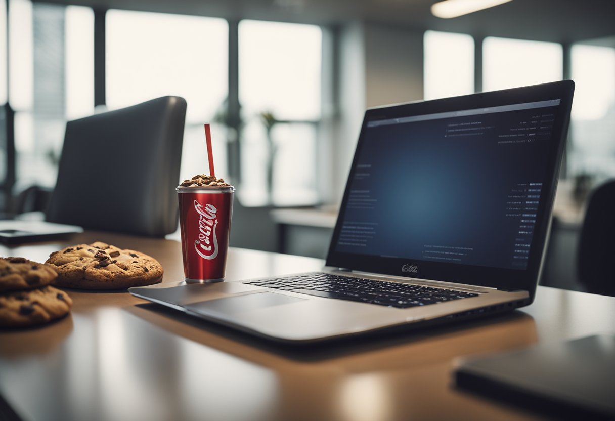 A corporate office desk with a laptop, a stack of papers, and a cookie jar with the Coca-Cola logo