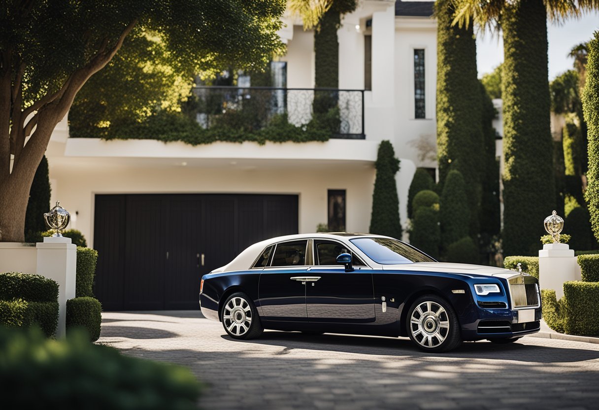 A luxurious Rolls Royce parked in a private driveway, surrounded by manicured landscaping and a gated entrance