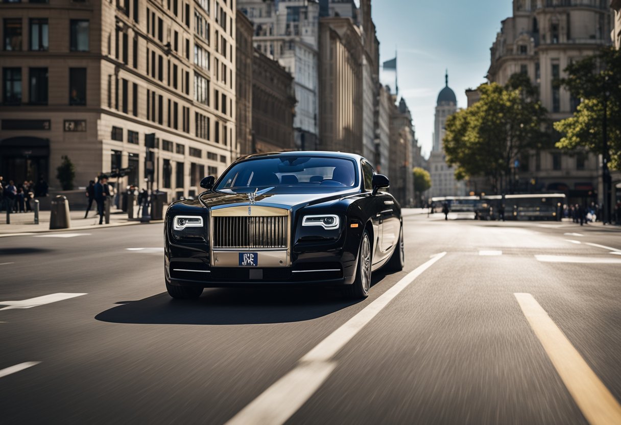 A sleek, black Rolls-Royce glides through a bustling city street, catching the sunlight on its polished exterior. Pedestrians stop to admire the luxury car as it passes by