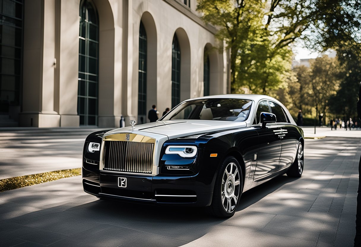 A luxurious Rolls Royce parked outside a prestigious university campus, with students in professional attire walking towards the career services building