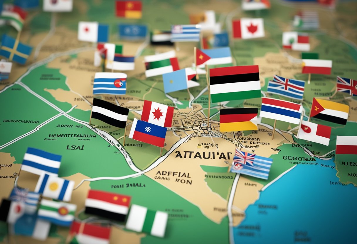 A map of the Gaza Strip with flags of different countries surrounding it, representing international recognition and disputes over ownership