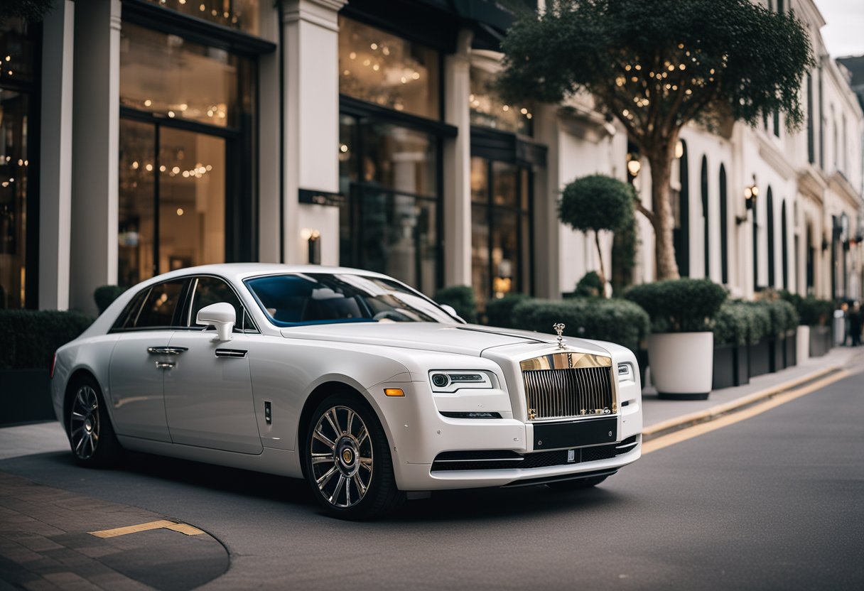 A luxurious Rolls Royce parked in front of a high-end boutique, surrounded by designer merchandise and upscale lifestyle products
