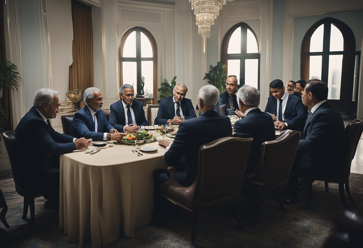 A group of diplomats from different nations gather around a table, discussing and negotiating the ownership of the Gaza Strip