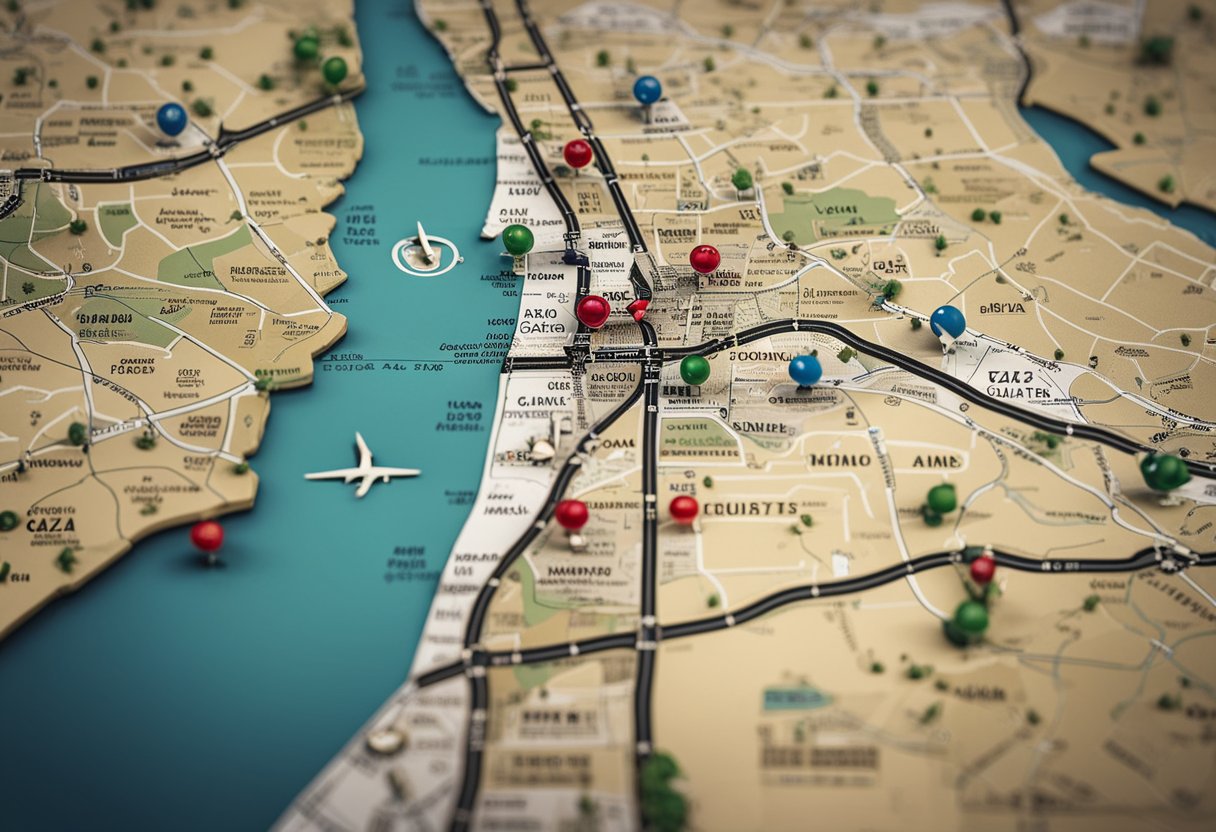 A map of the Gaza Strip surrounded by political borders and symbols of conflict and division