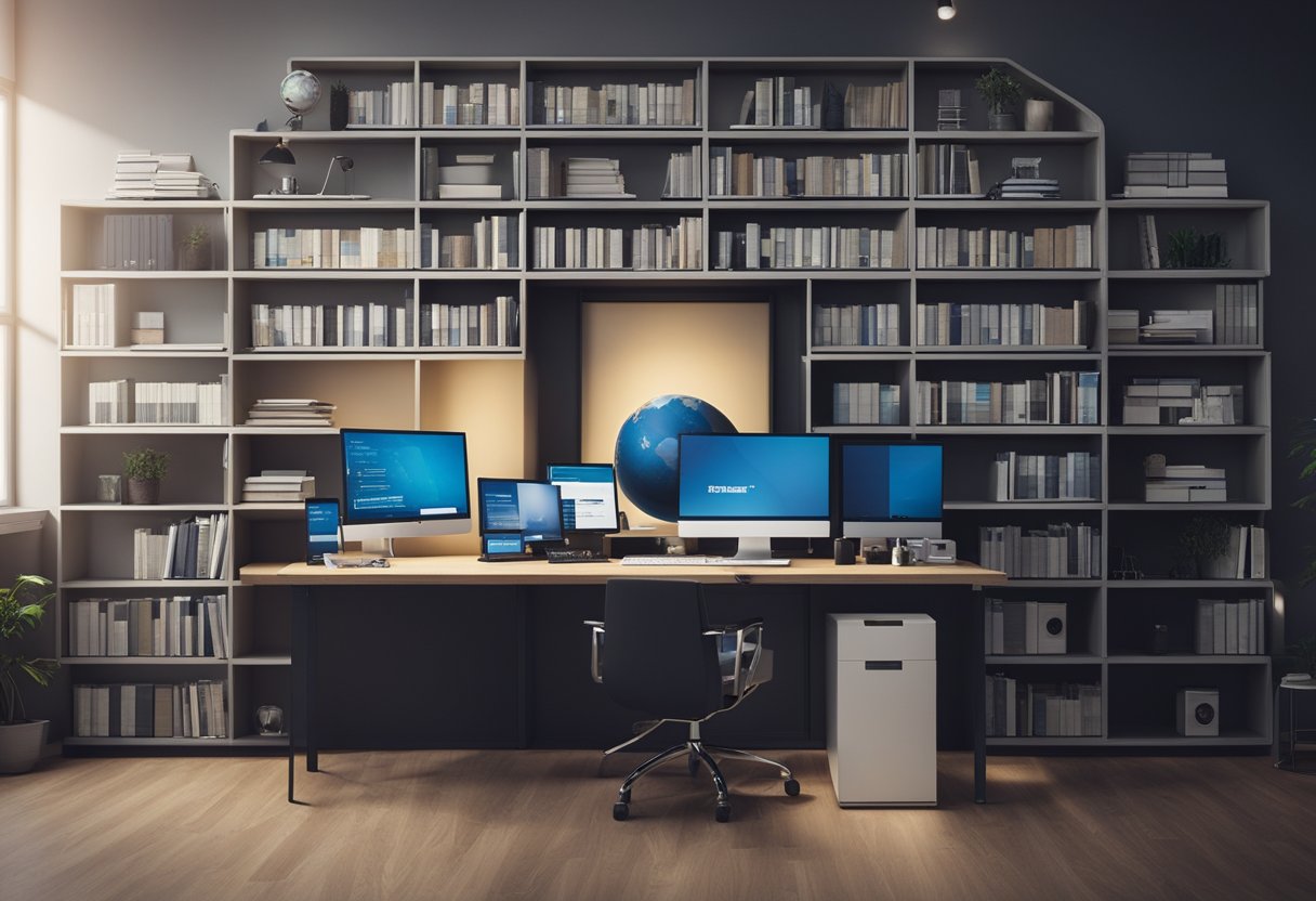 A modern office desk with a computer displaying the Microsoft logo, surrounded by shelves of technology books and a globe