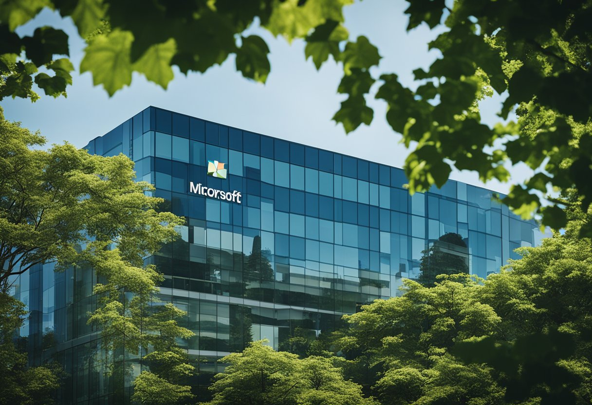 A modern office building with the Microsoft logo prominently displayed, surrounded by lush greenery and a clear blue sky