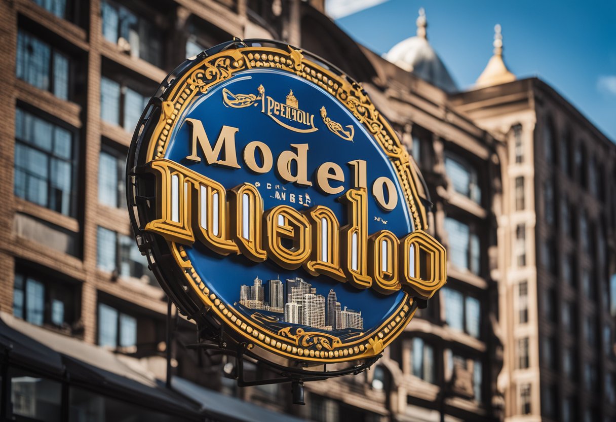 A bustling city skyline with Modelo beer logos displayed prominently on billboards, indicating the economic impact of the brand's ownership