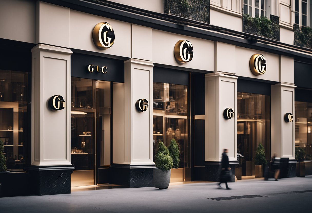 A luxurious storefront with the iconic double G logo, surrounded by high-end fashion boutiques and well-dressed clientele