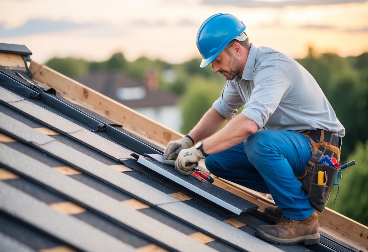 A roofer patches a damaged roof with tools and materials