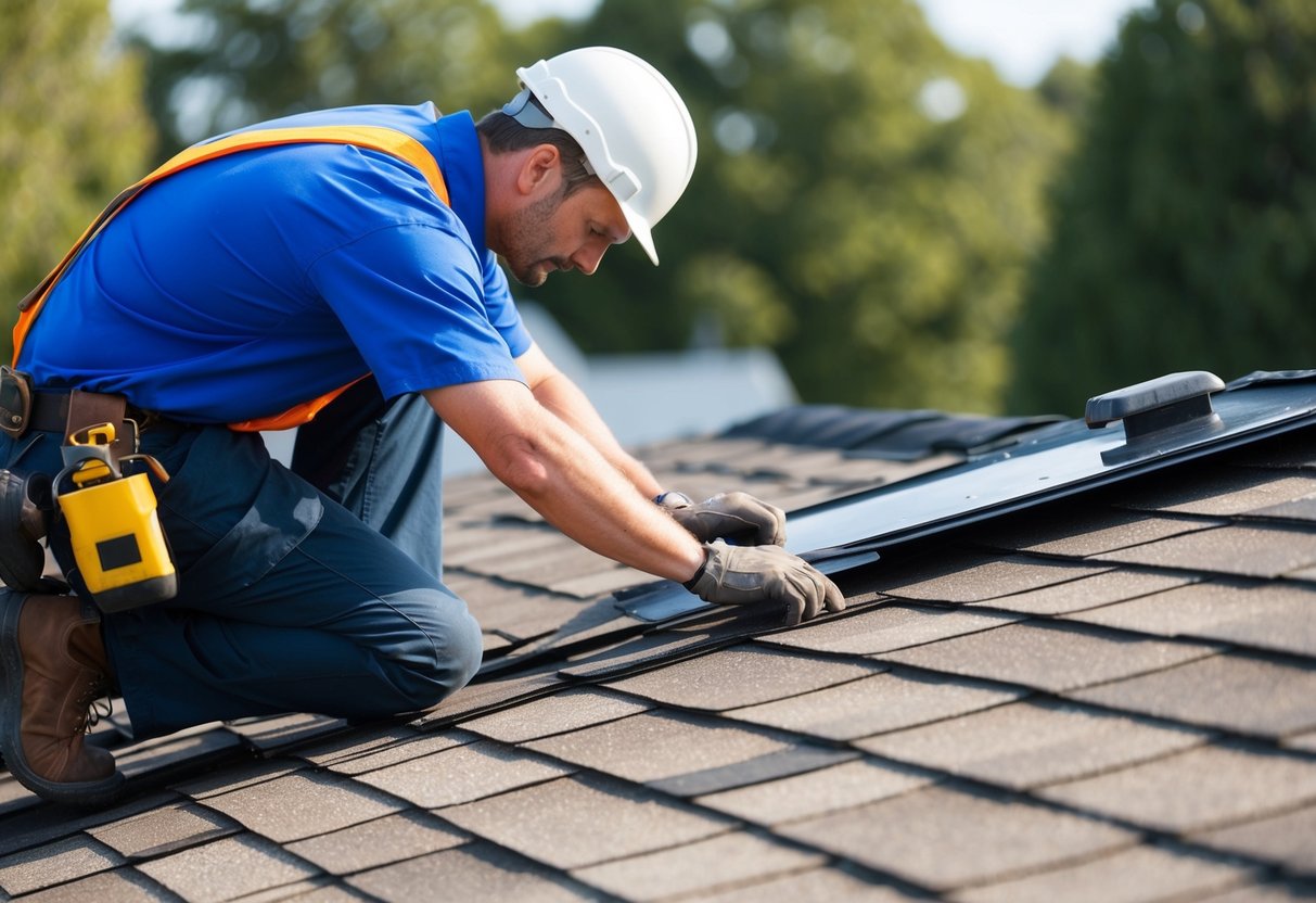 A roofer inspects and evaluates the damage to a roof, noting areas that may require repair or replacement
