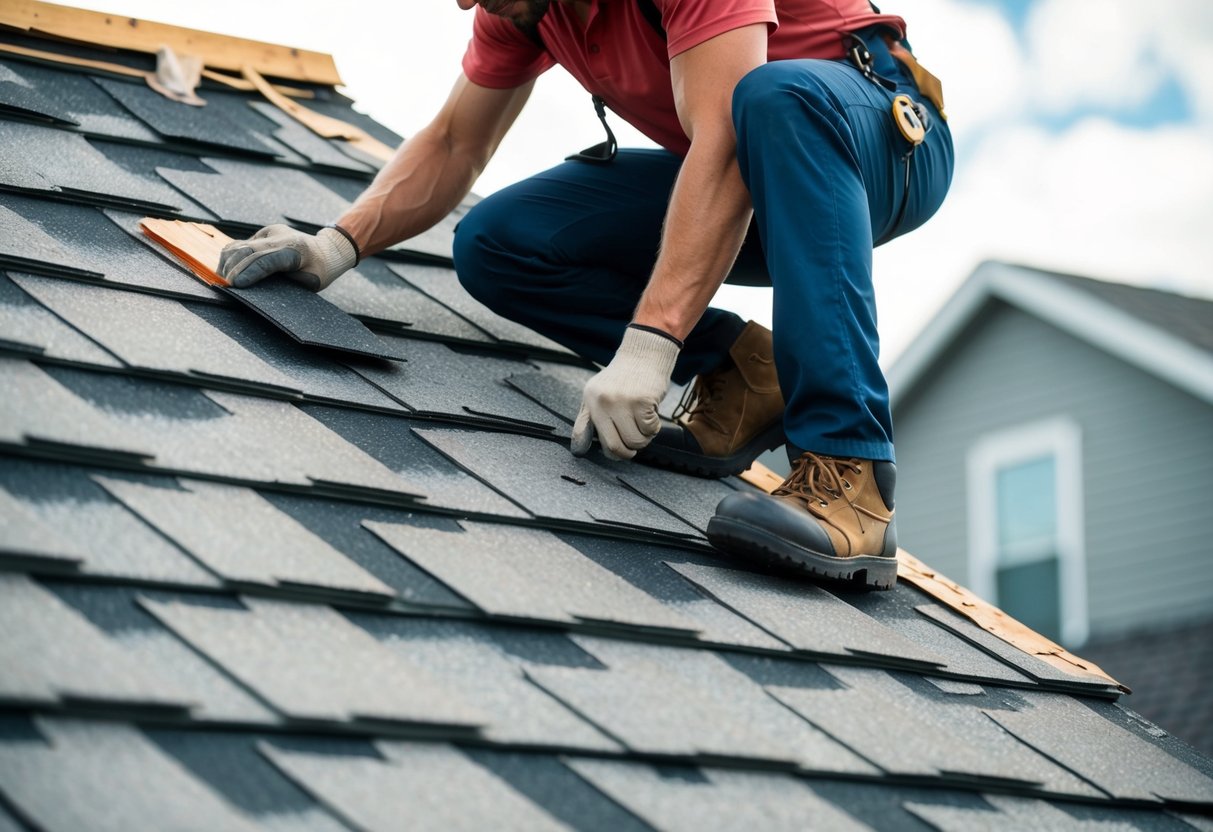 A roofer patches up damaged shingles on a weathered roof