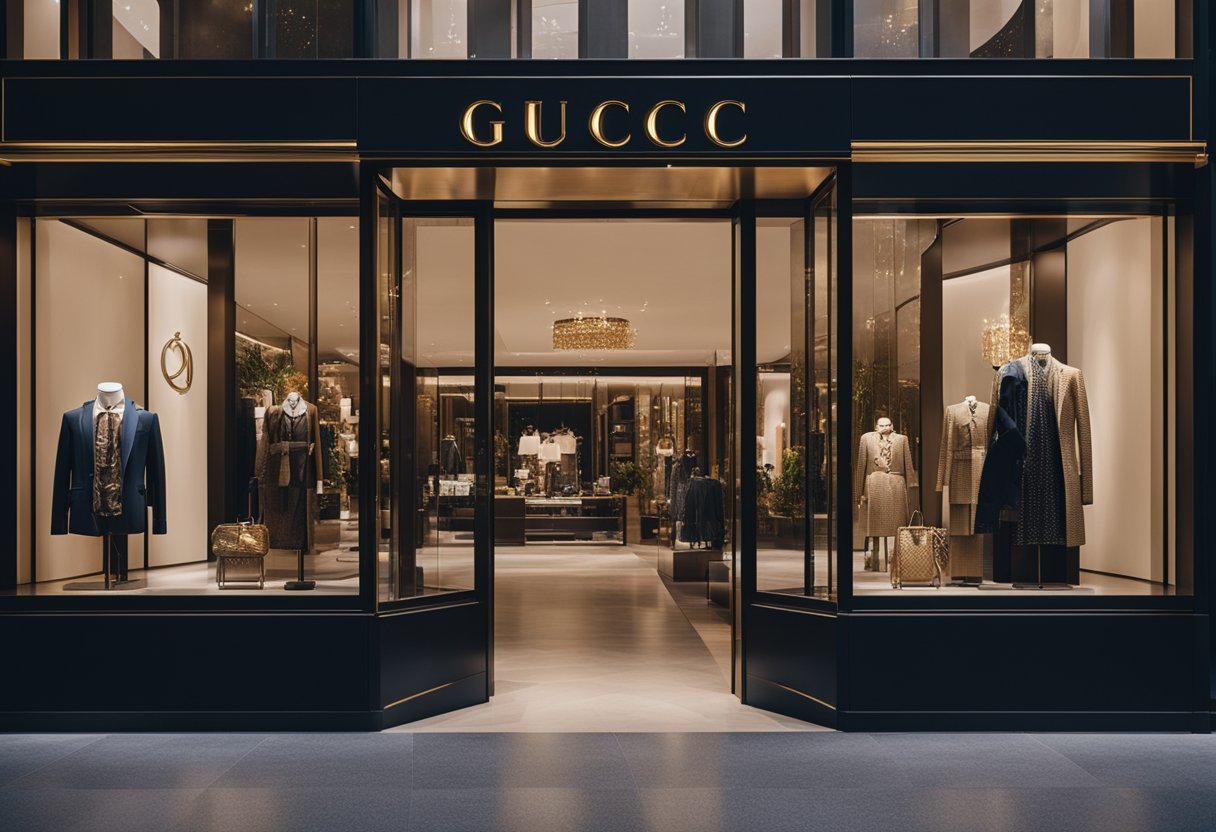 A luxurious storefront with a prominent Gucci logo, surrounded by high-end fashion boutiques and upscale shoppers