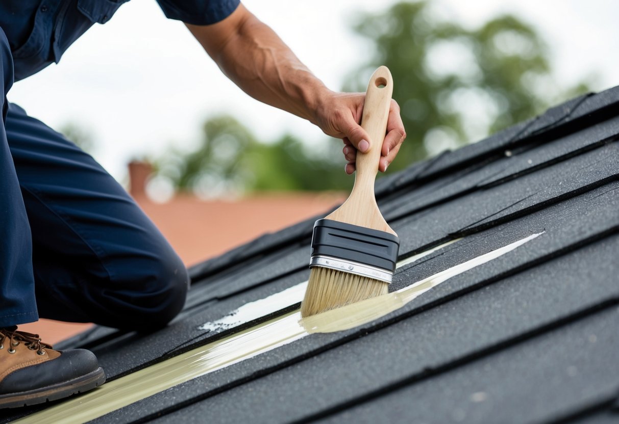 A roofer applying sealant to a damaged area of a roof, using a brush to spread the material evenly