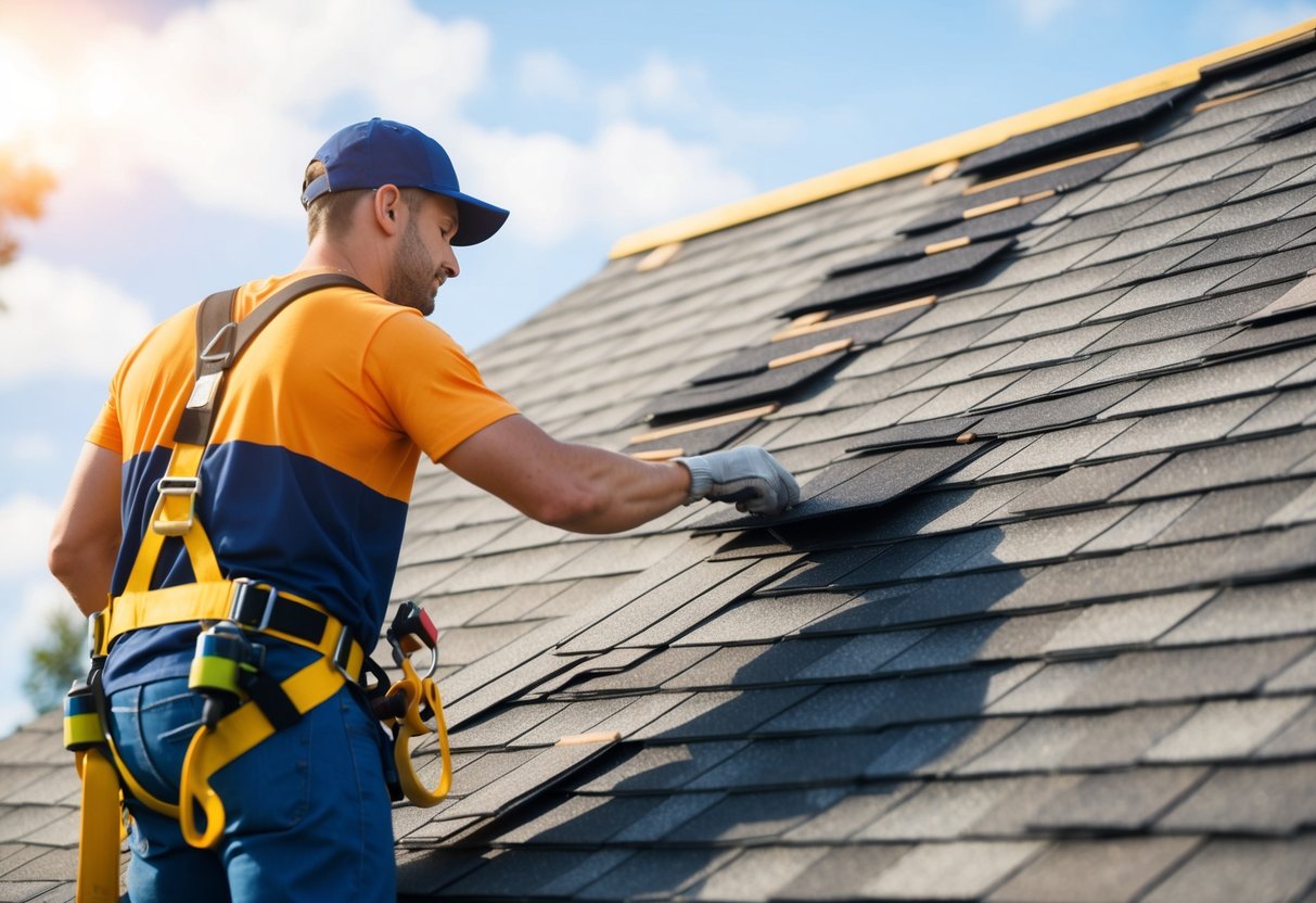 A roofer inspecting and repairing damaged shingles on a roof, using safety harness and professional tools