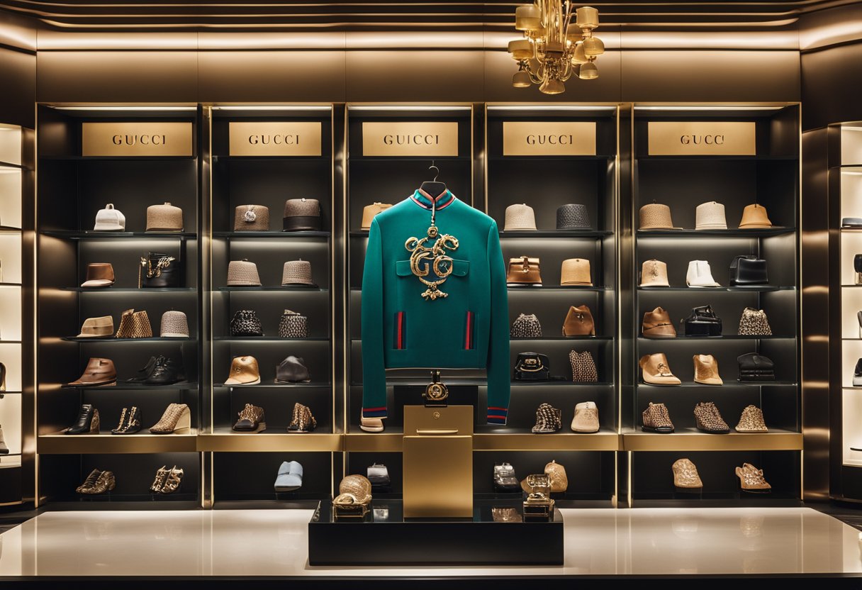A luxurious fashion house's iconic symbols and products arranged in a display showcasing Gucci's key personalities throughout history