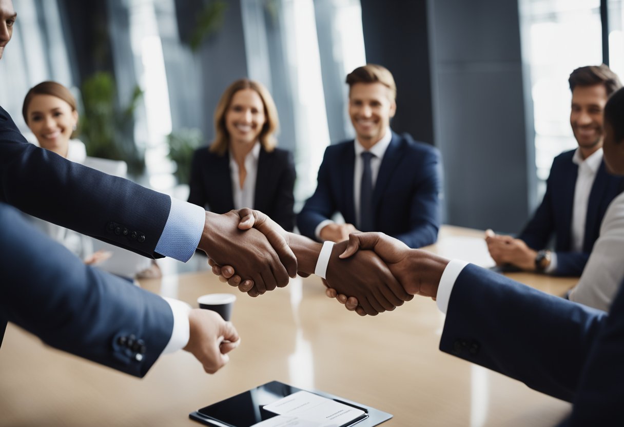 A group of business professionals shaking hands and exchanging business cards in a luxurious office setting