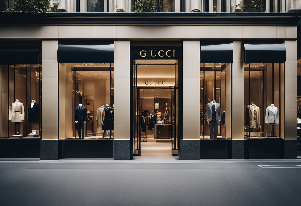 A luxurious Gucci store with a sleek, modern exterior and a bustling crowd of diverse, fashion-forward shoppers