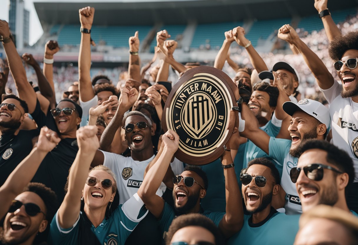 A group of people celebrating the founding of Inter Miami, with the team's owner holding up the club's crest in triumph