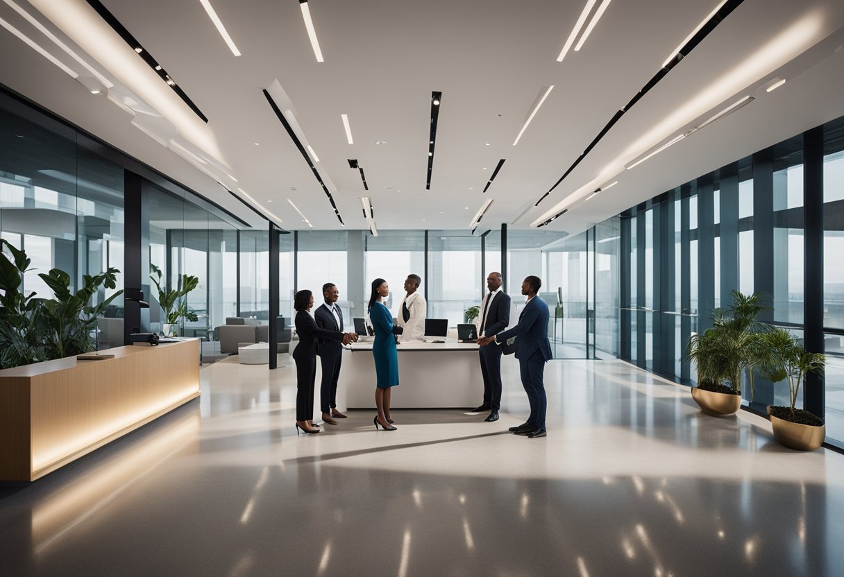 A group of diverse business professionals shaking hands in a modern office setting. The Inter Miami logo is prominently displayed on the wall behind them