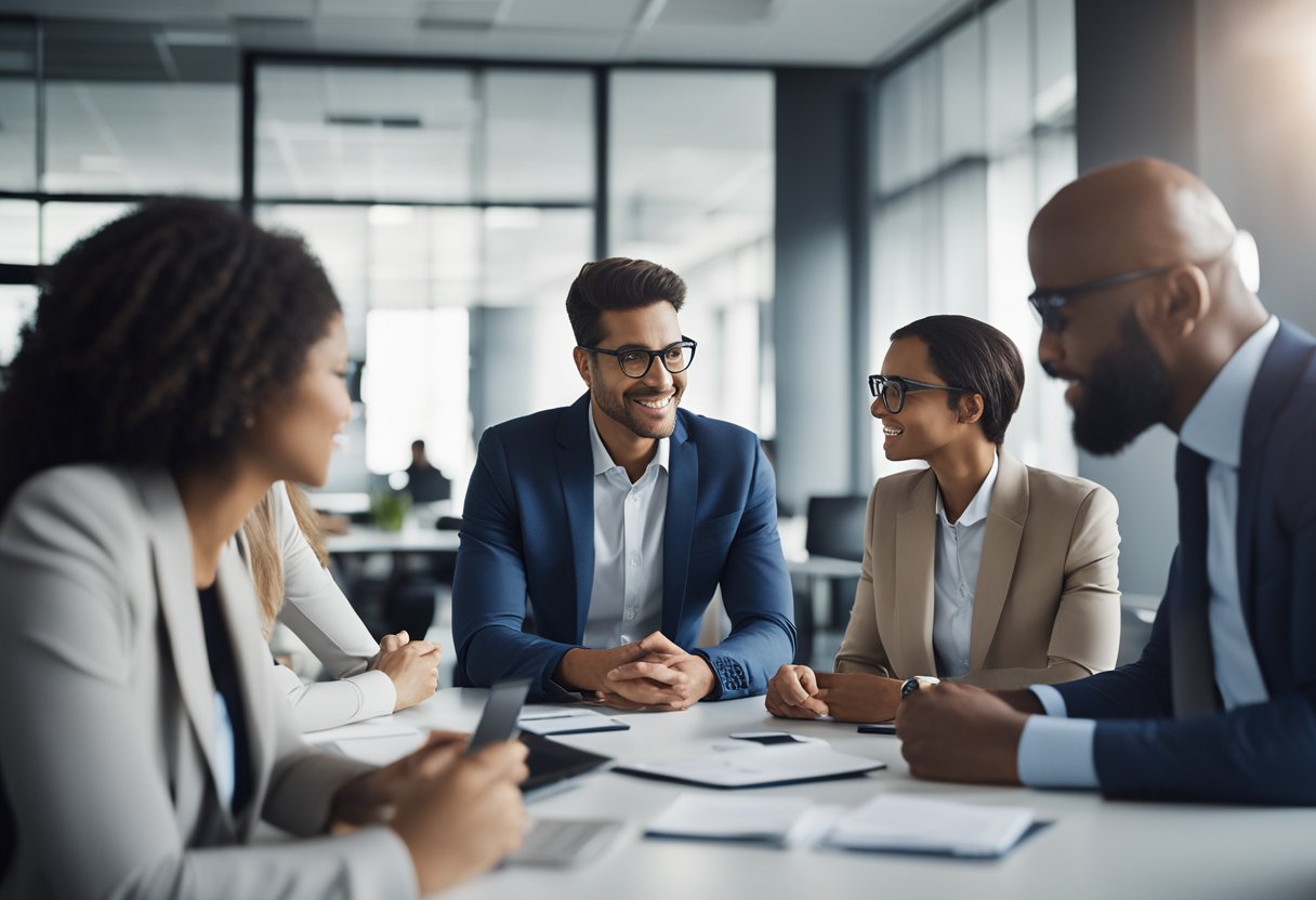 A group of professionals discussing strategy and analyzing data in a modern office setting