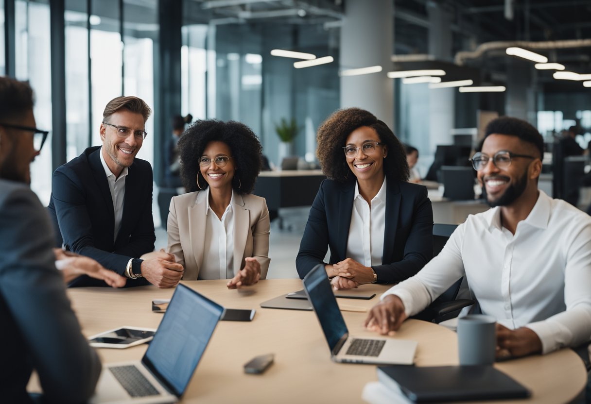 A group of executives and staff members gather in a modern office, discussing and planning the operations of Inter Miami