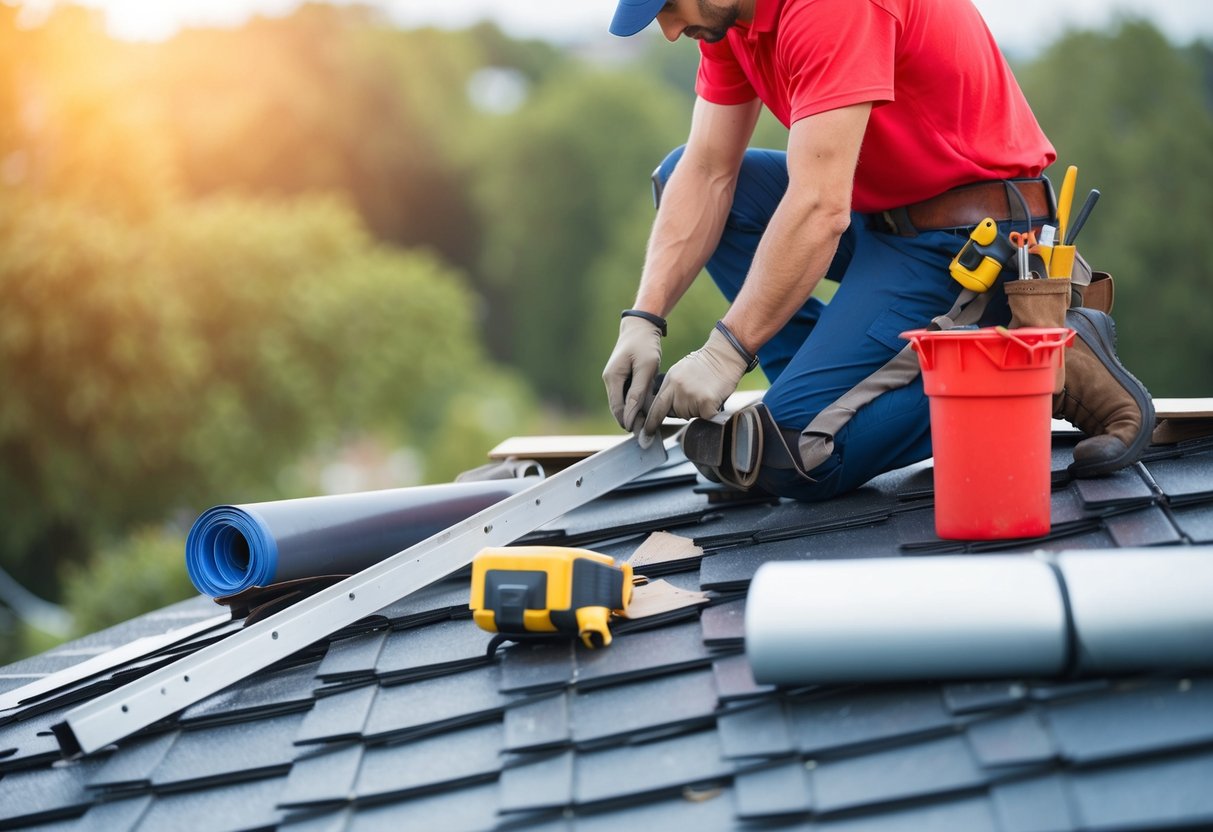 A roofer repairing a damaged roof with tools and materials nearby
