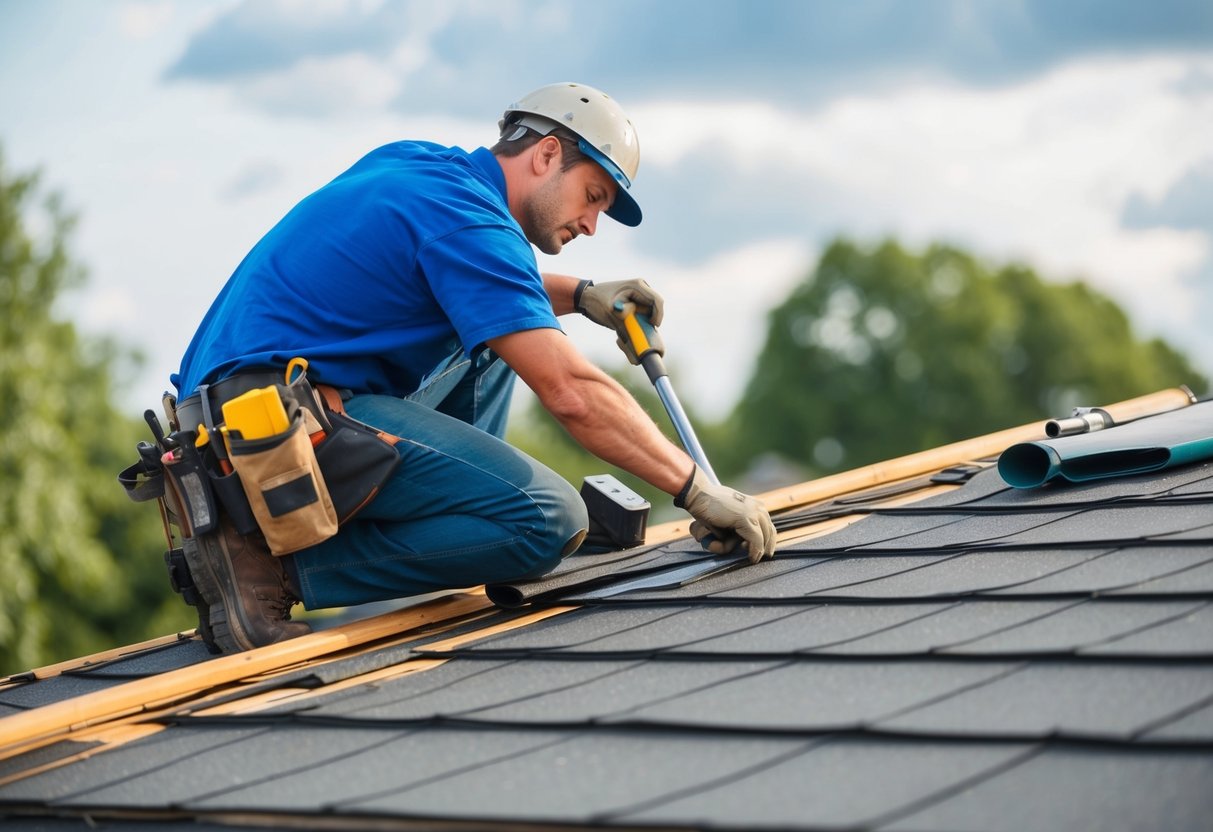A roofer repairing a damaged section of a roof with tools and materials nearby
